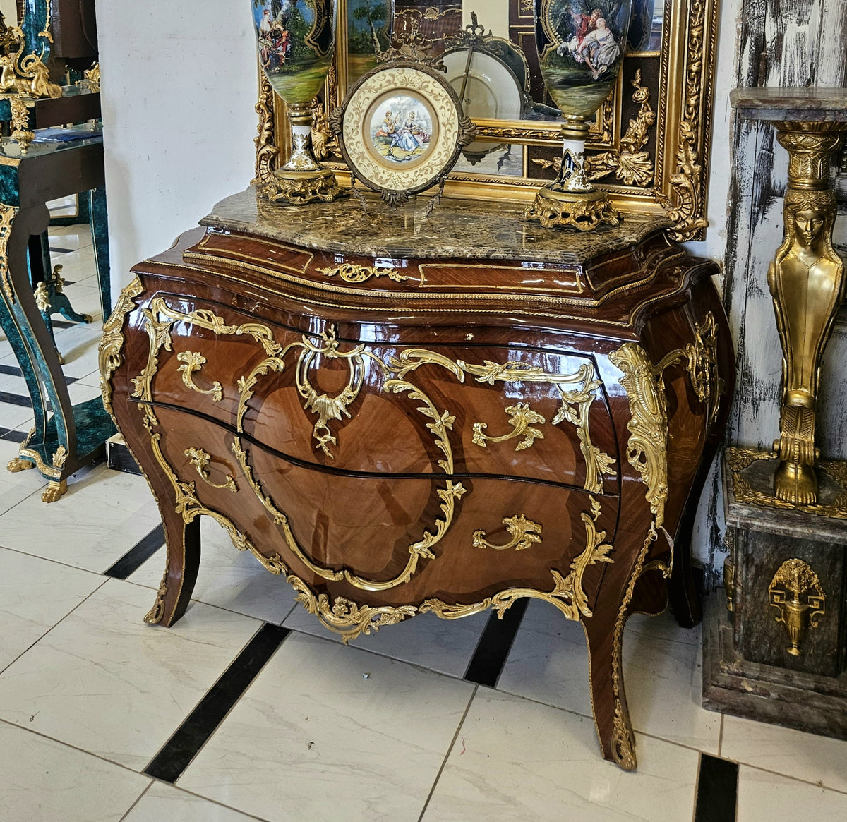The Gilded Aristocrat – Grand French Rococo Dresser with Marble Top, Ornate Carvings & Lavish Gold Leaf Details