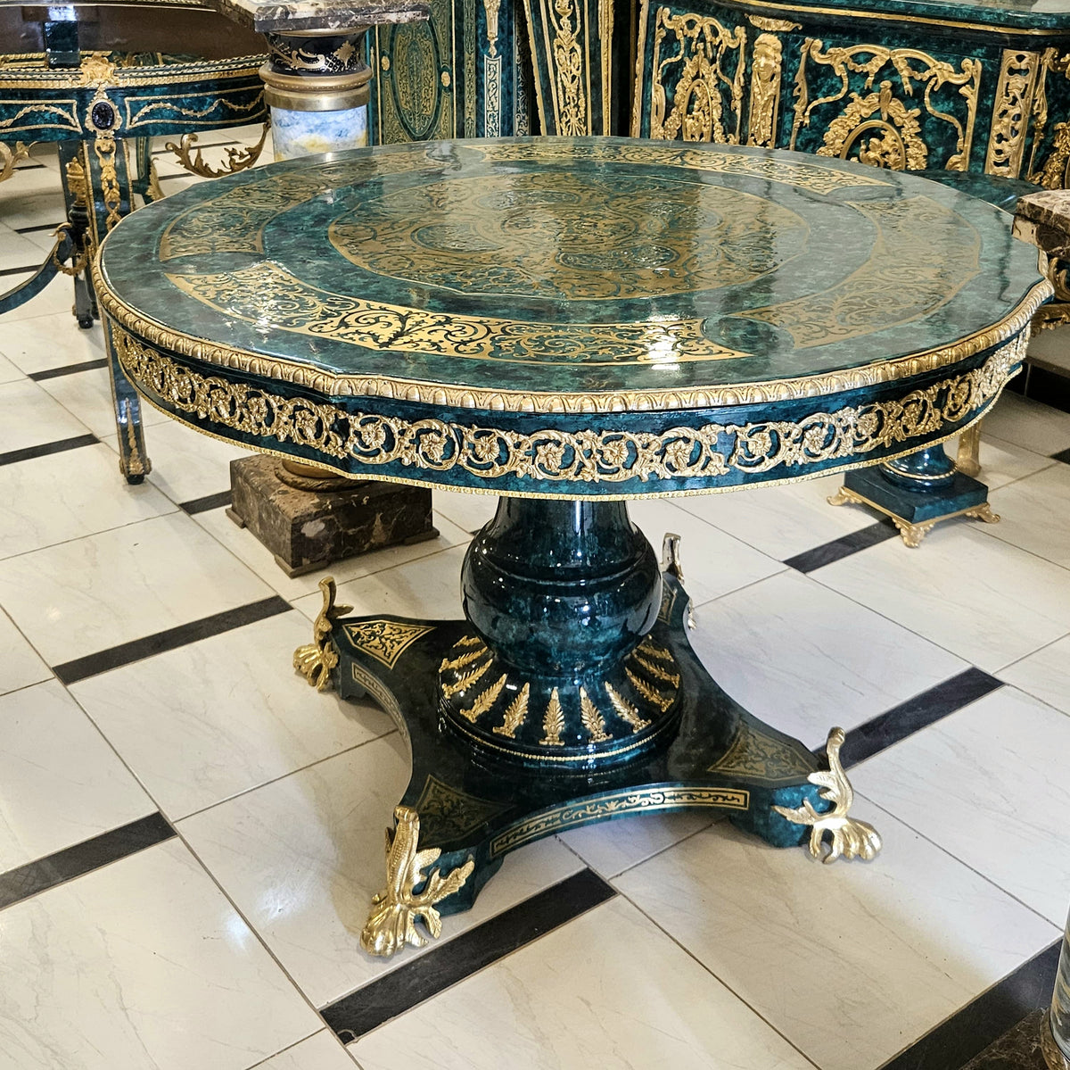 The Verdant Throne – French-Inspired Round Dining Table with Deep Green Finish & Ornate Gold Leaf Details