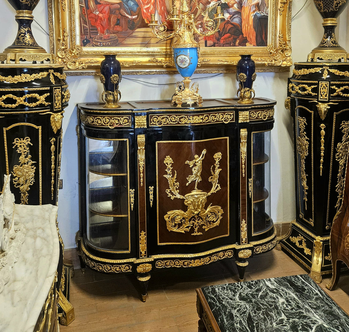 The Imperial Éclat – French Empire-Style Sideboard with Marble Top, Gilded Gold Leaf & Curved Glass Display Cabinets