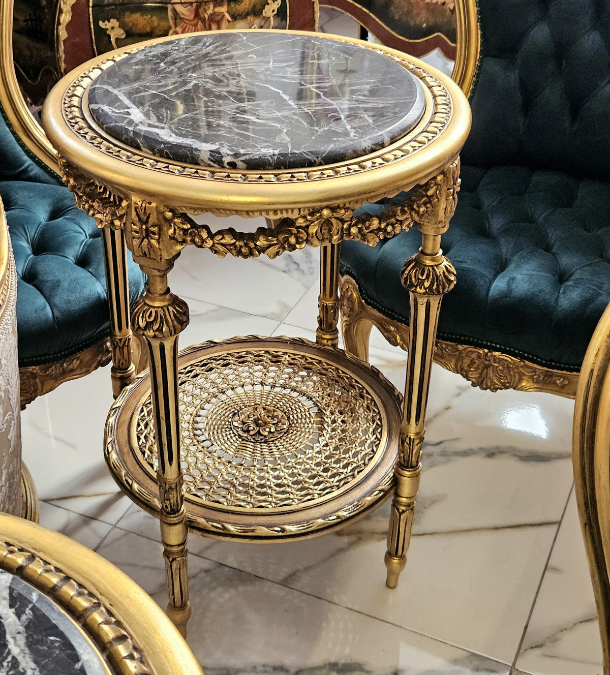 Midnight Gilding – French-Inspired Accent Table with Dramatic Dark Marble Top & Ornate Gold Leaf Embellishments