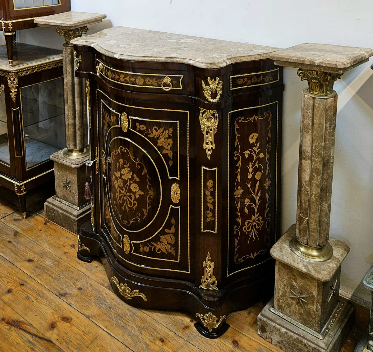 The Gilded Botanica – French-Inspired Accent Cabinet with Floral Marquetry, Sculpted Marble Top & Ornate Bronze Mounts