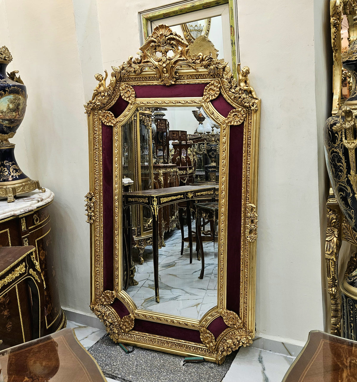 Burgundy Royale – French Baroque Wall Mirror with Velvet-Framed Gold Leaf Details & Ornate Floral Carvings