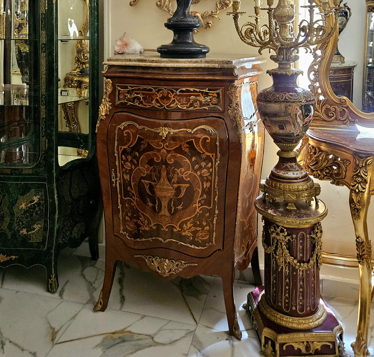 The Gilded Fleur – Louis XVI-Inspired Commode with Exquisite Marquetry, Marble Top & Radiant Gold Leaf Accents