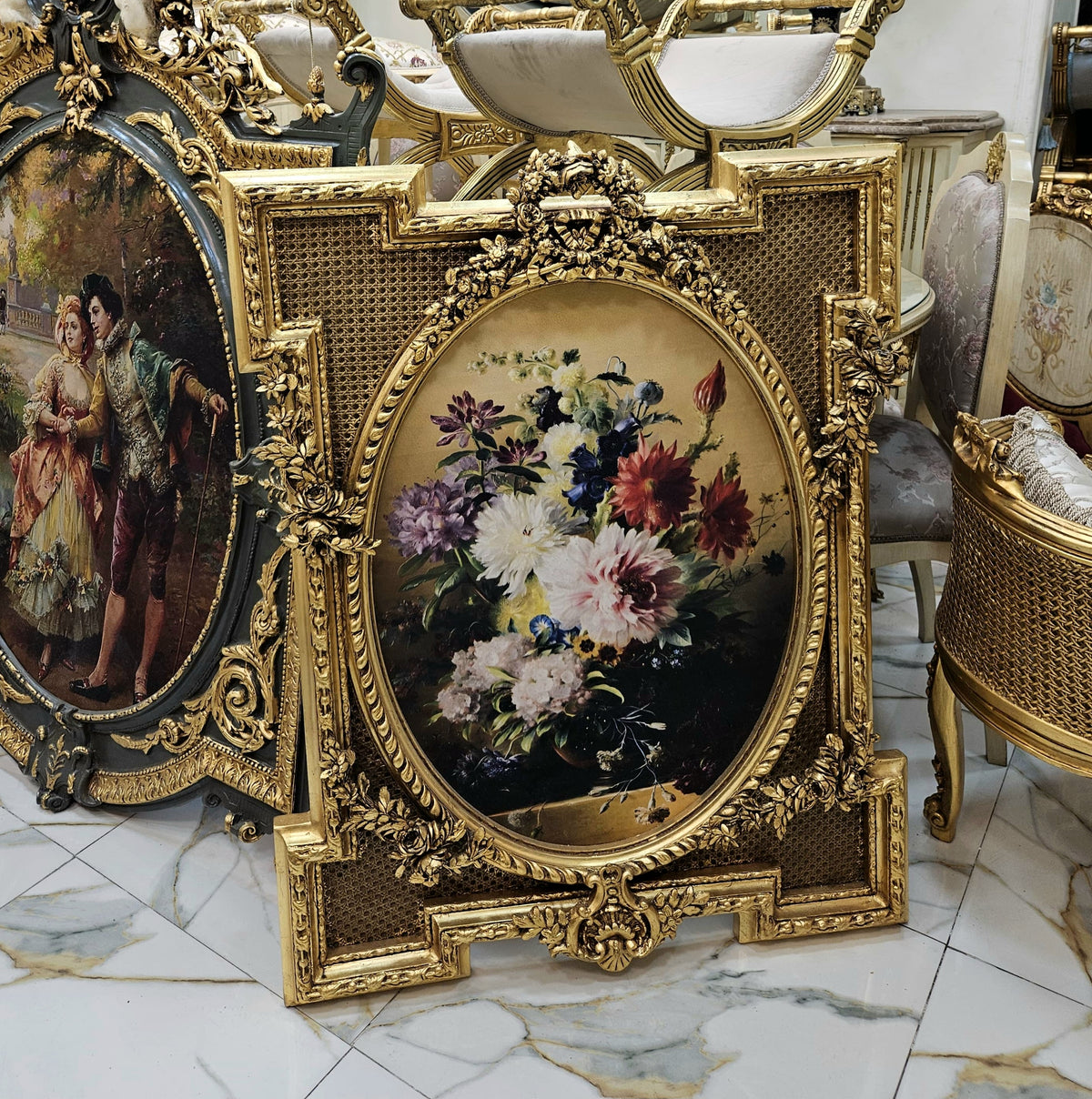 The Gilded Garden – French Rococo Floral Painting with an Ornate Gold Leaf Frame & Timeless Elegance