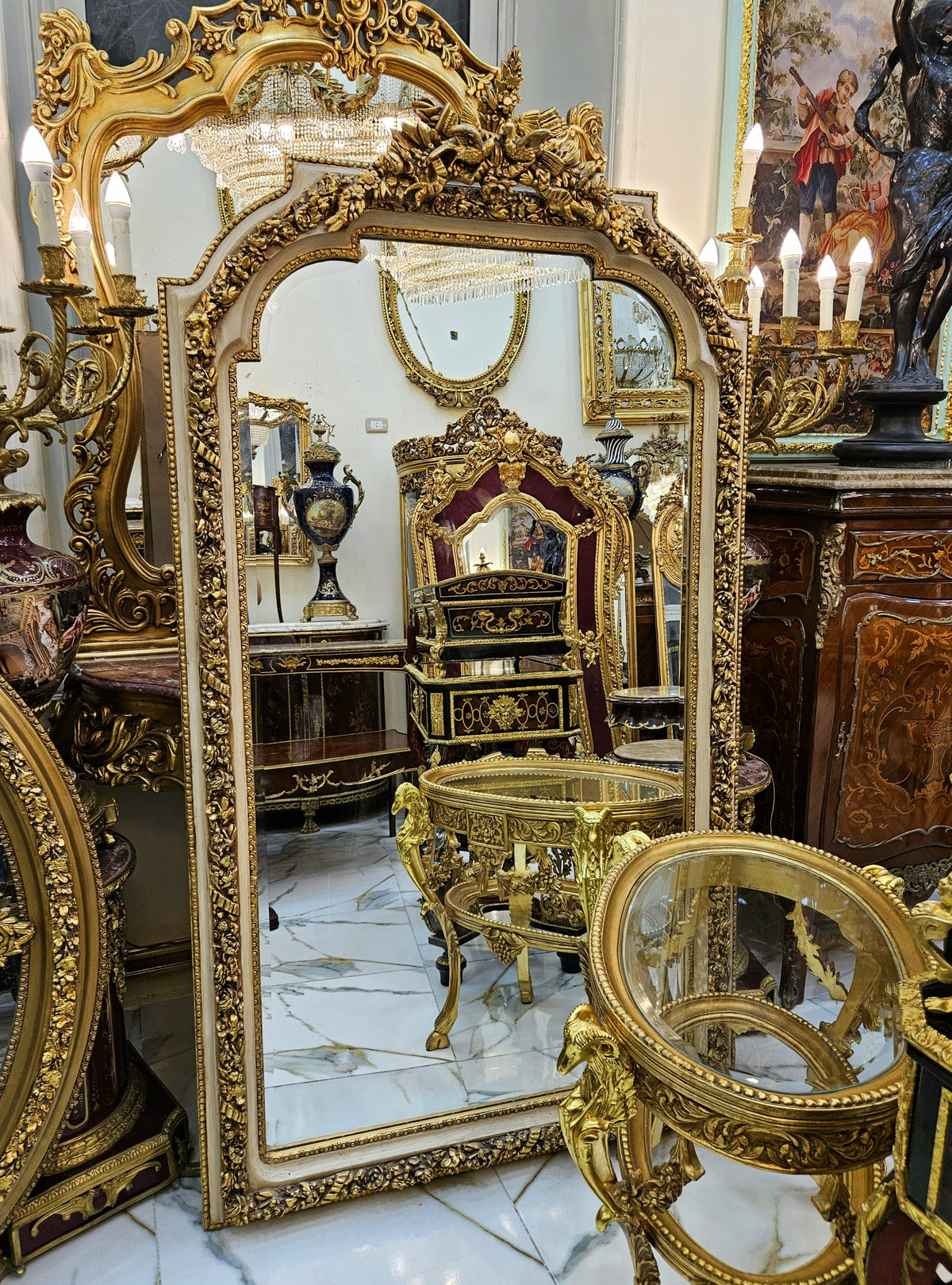 Grand French Rococo Mirror with Ornate Gilded Frame, Sculpted Birds & Botanical Details