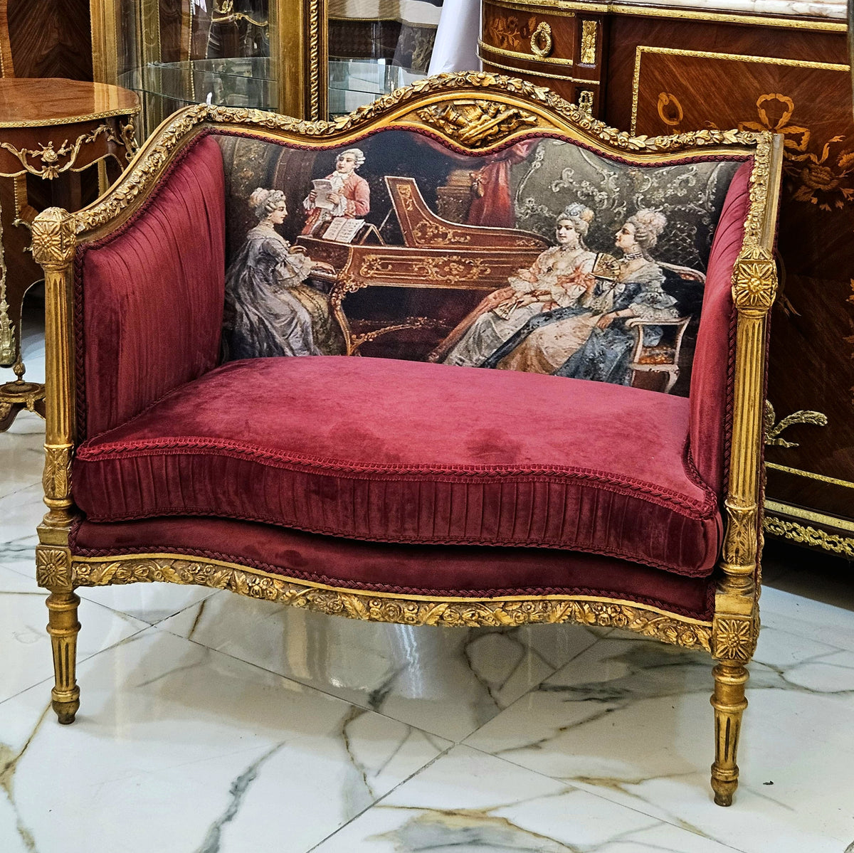The Burgundy Salon – French Louis XVI-Inspired Settee with Velvet Upholstery, Gilded Frame & Painted Backrest