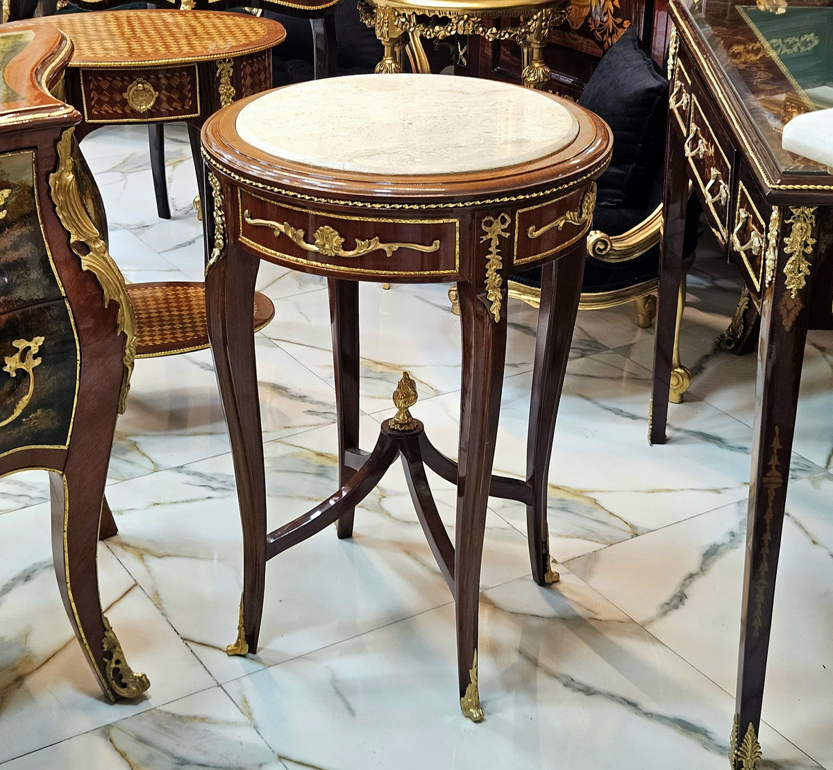 Ivory Grandeur – Louis XV-Inspired Side Table with White Marble Top & Ornately Carved Wood Frame