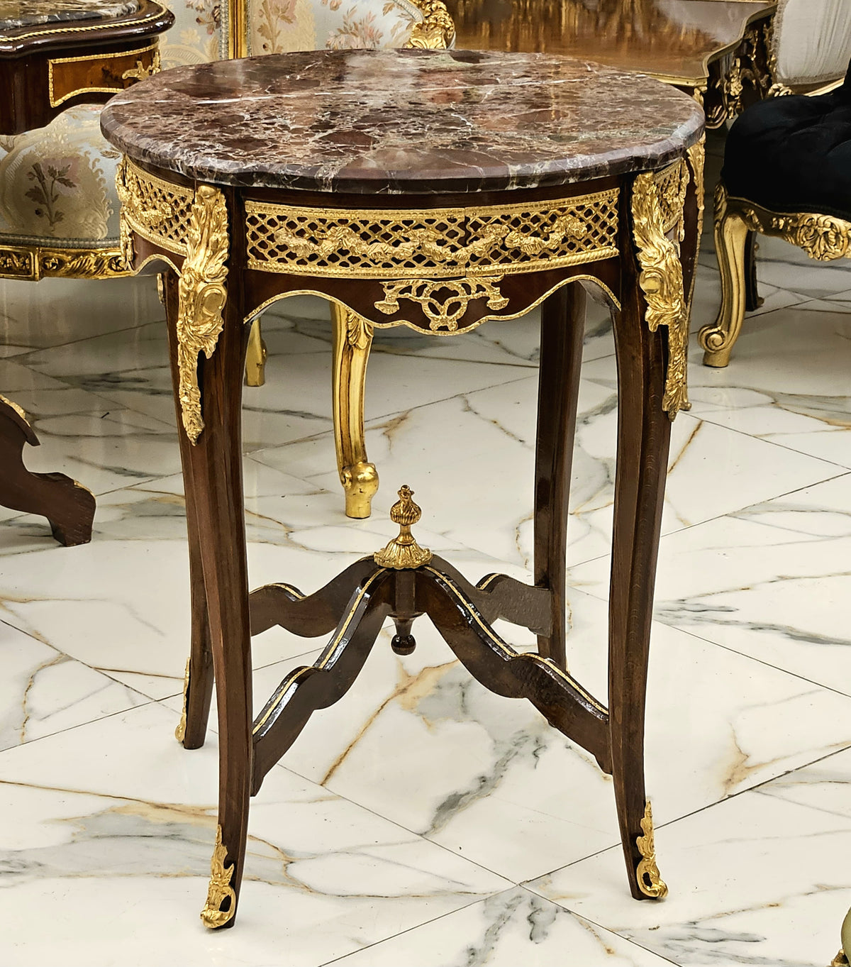 Gilded Marble Majesty – French Louis XV-Inspired Side Table with Ornate Gold Leaf Gallery & Cabriole Legs