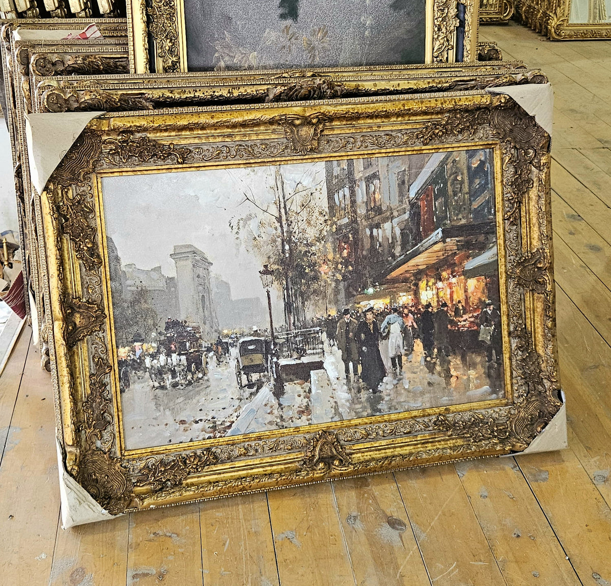 Golden Hour in Paris – Ornate Gilt Frame Street Scene Painting with Glowing Café Lights