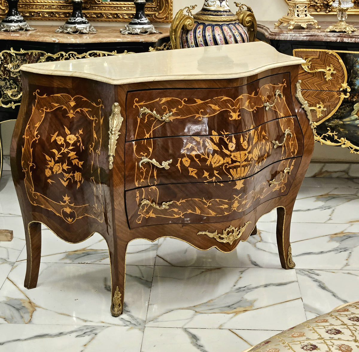 The Gilded Botanica – French Rococo Commode with Ivory Marble Top, Floral Marquetry & Ornate Gold Accents
