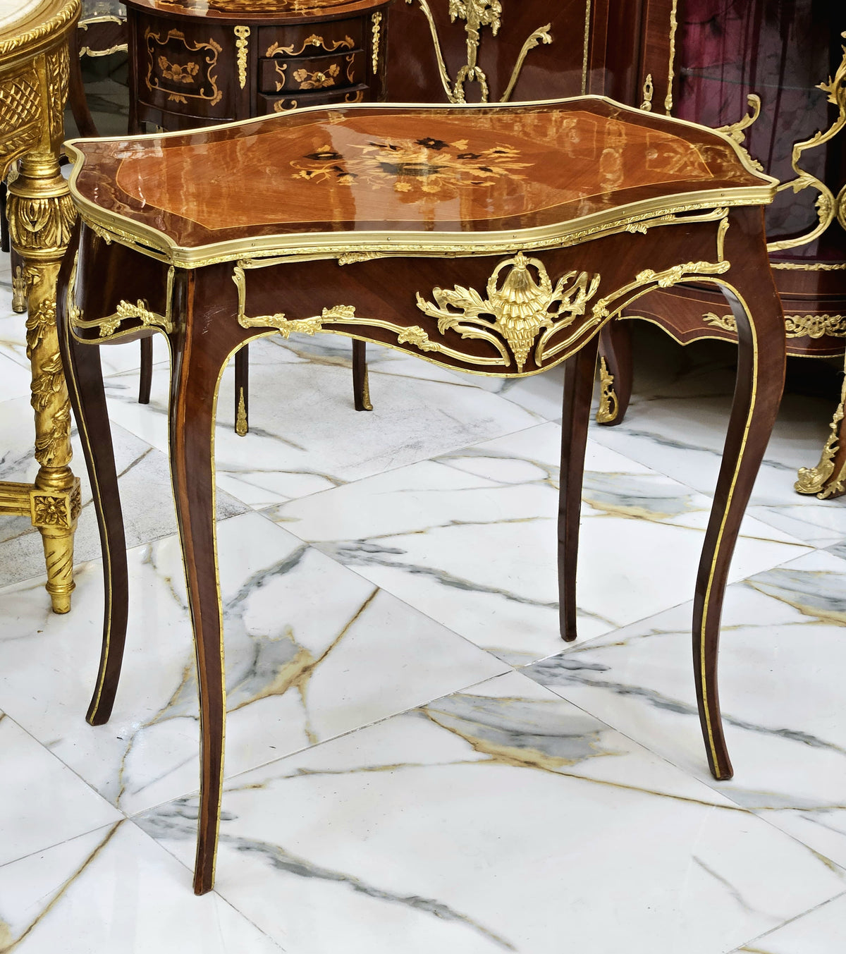 Marquetry Elegance – Louis XV-Inspired Side Table with Ornate Gold Leaf Accents & Graceful Cabriole Legs
