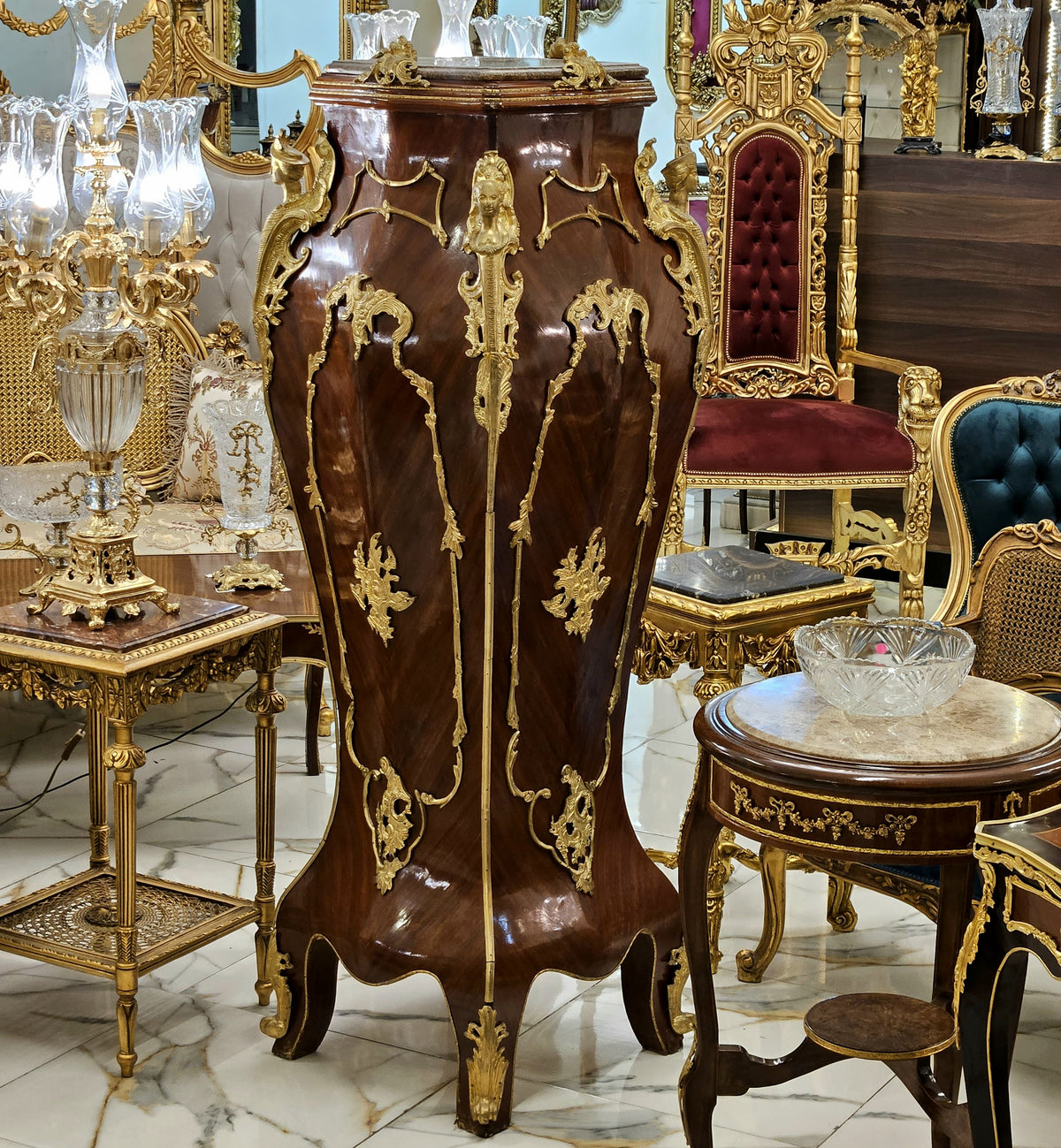 Darkwood Majesty – Louis XV-Inspired Pedestal with Scenic Artwork, Marble Top & Ornate Gold Leaf Details