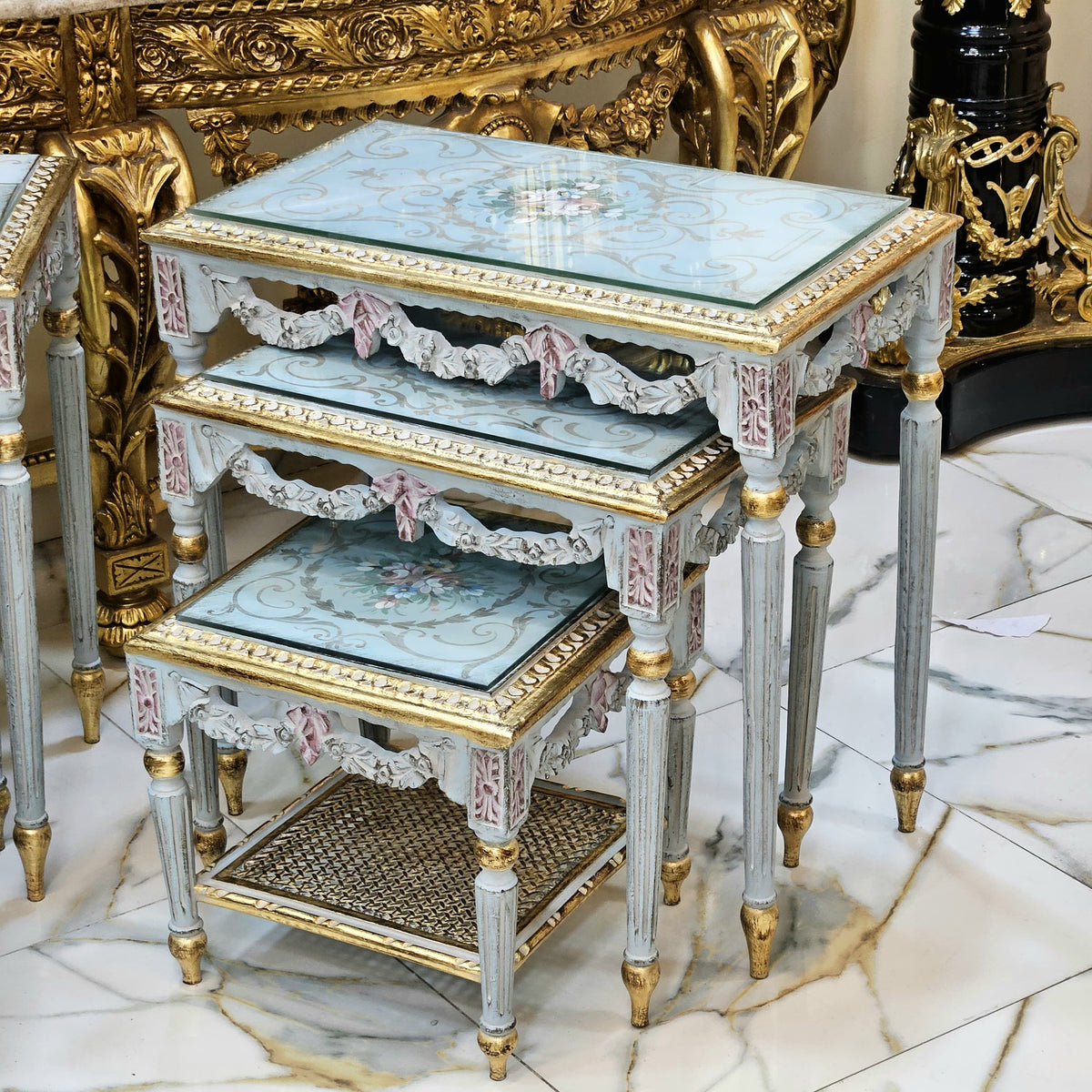 Azure Elegance – Set of 3 French-Inspired Nesting Tables with Glass Tops & Ornate Gold Leaf Details