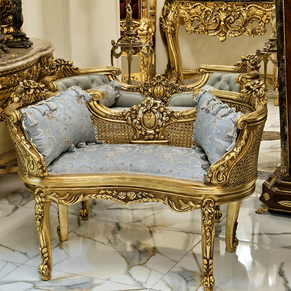 The Gilded Pair – Louis XV-Inspired Benches with Ornate Gold Leaf Carvings & Elegant Upholstery