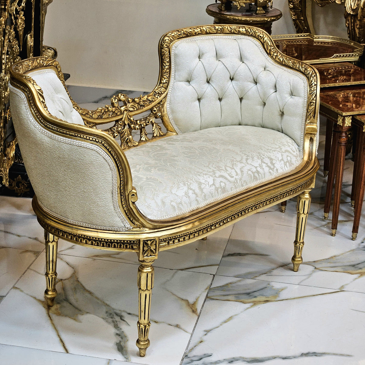 Ivory Reverie – French-Inspired Bench with Plush White Tufted Velvet, Ornate Damask Accents & Gilded Gold Leaf Details