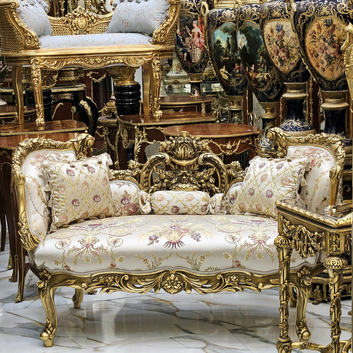 Ivory Elegance – Louis XV Settee with Lavish Gold Leaf Carvings & Romantic Floral Damask Upholstery