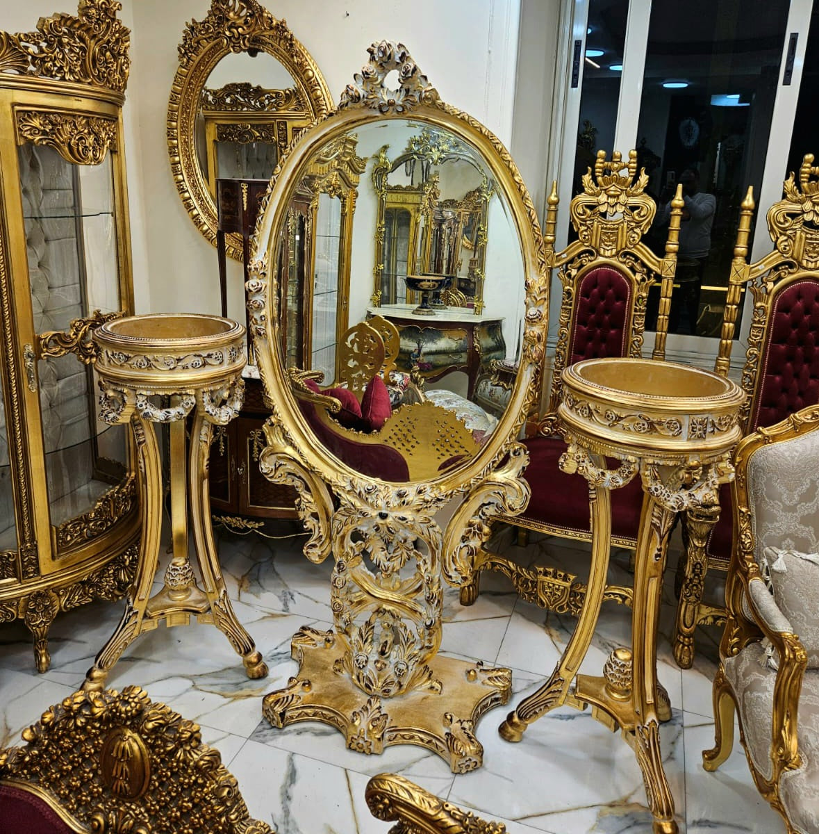 The Gilded Enchantress – Grand French Baroque Mirror with Ornate Gold Leaf Frame & Sculptural Floral Crest
