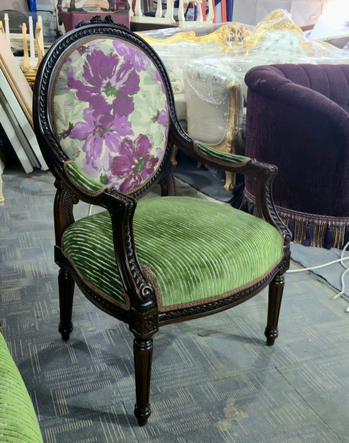 Emerald Bloom – French Louis XVI-Style Armchair with Green Velvet Upholstery & Floral Medallion Back
