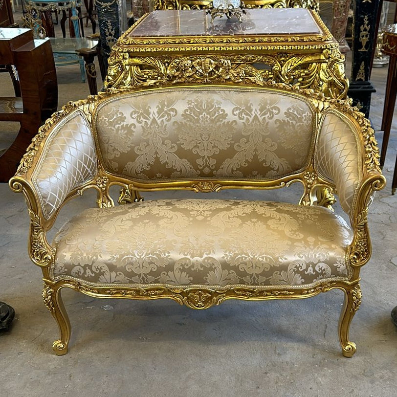 Vintage French Rococo Style Settee – Beige Upholstered Sofa with Gold Leaf Details