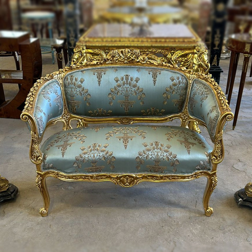 Vintage French Rococo Style Settee – Sky Blue Damask Sofa with Gold Leaf Details