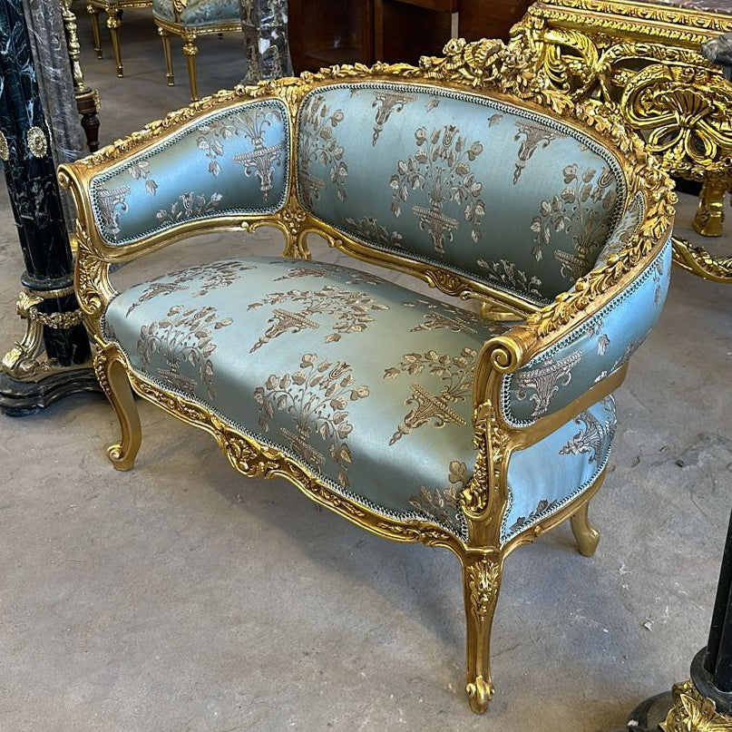 Vintage French Rococo Style Settee – Sky Blue Damask Sofa with Gold Leaf Details