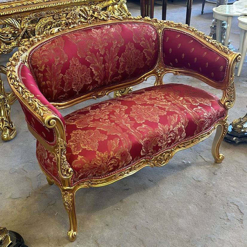 Vintage French Rococo Style Settee – Wine Red Damask Sofa with Gold Leaf Details
