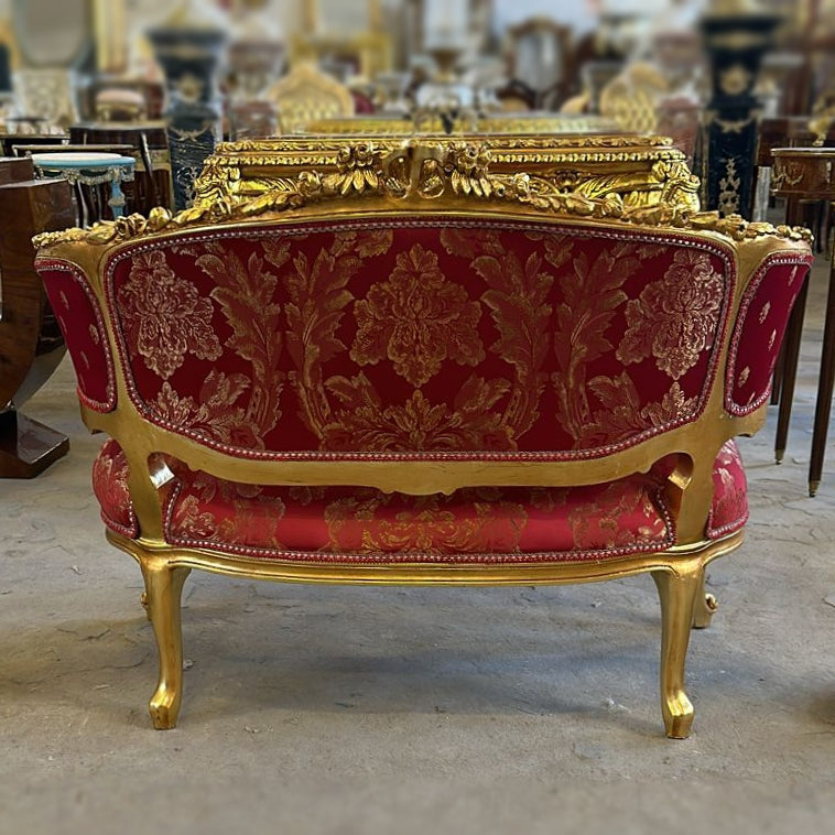 Vintage French Rococo Style Settee – Wine Red Damask Sofa with Gold Leaf Details
