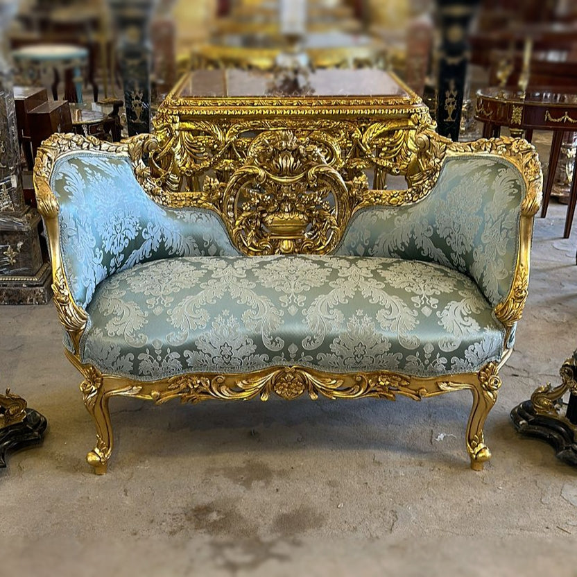 Vintage French Baroque Style Small Settee – Blue Damask Sofa with Gold Leaf Details