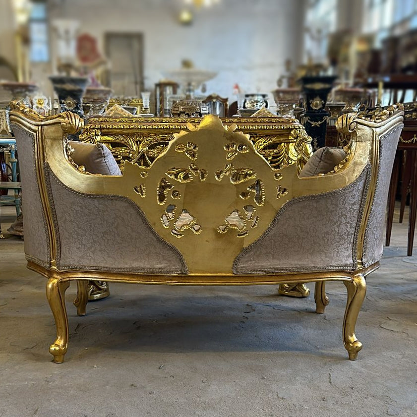 Vintage French Baroque Style Small Settee – Light Brown Damask Sofa with Gold Leaf Details