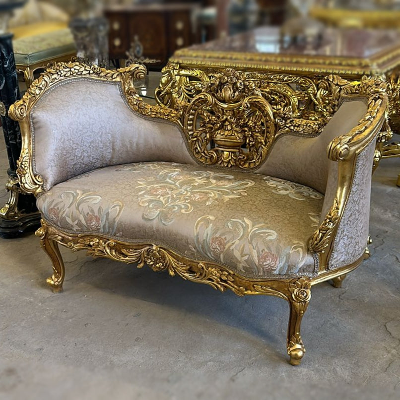 Vintage French Baroque Style Small Settee – Light Brown Damask Sofa with Gold Leaf Details