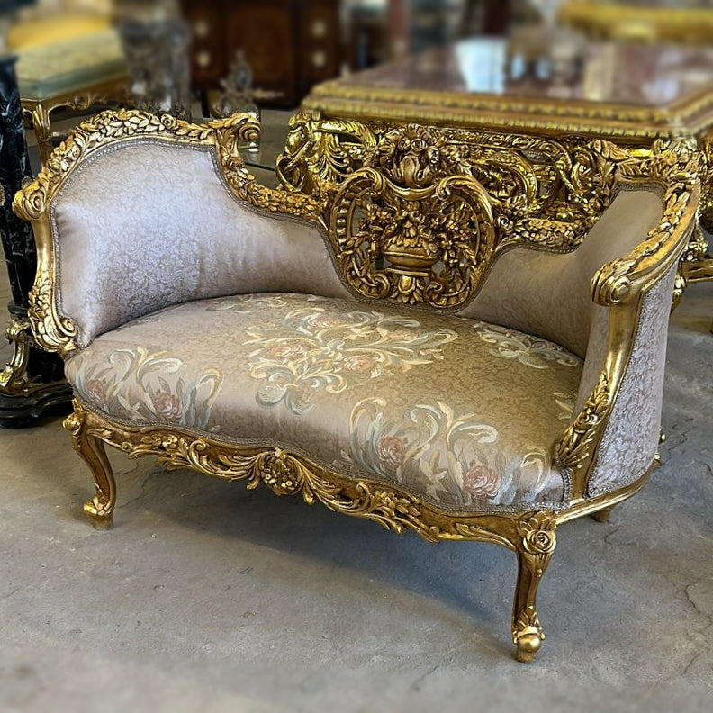 Vintage French Baroque Style Small Settee – Light Brown Damask Sofa with Gold Leaf Details