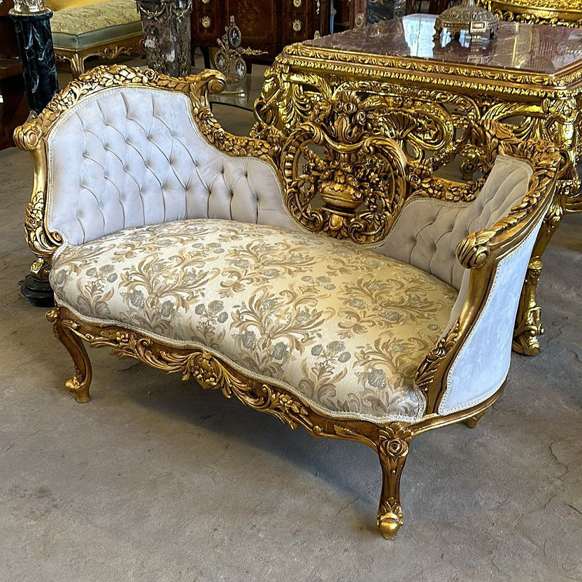 Vintage French Baroque Style Small Settee – Off-White Damask Sofa with Gold Leaf Details
