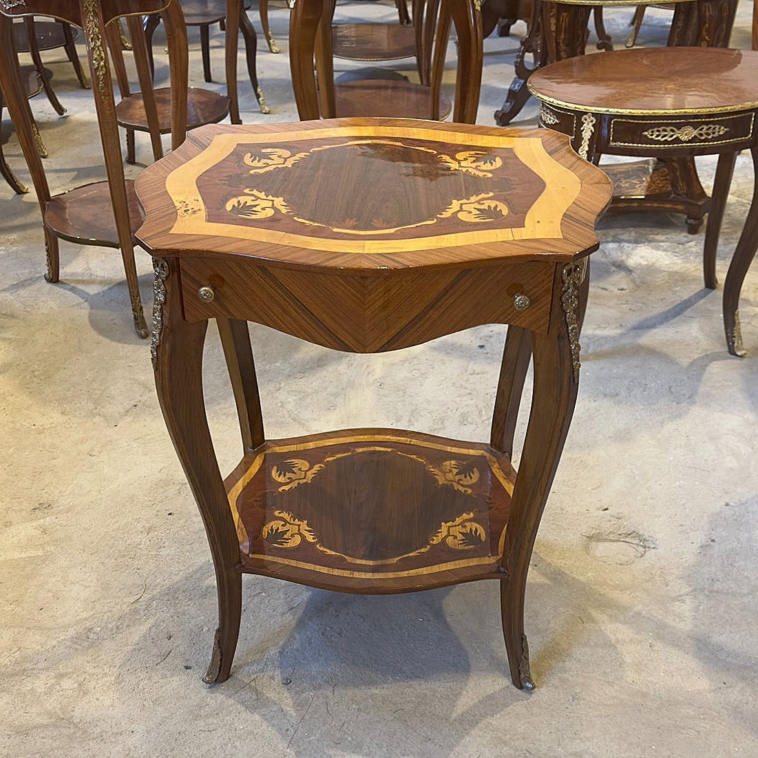 French Style Marquetry Side Table – Bedside Table with Gold Leaf Details & Single Drawer