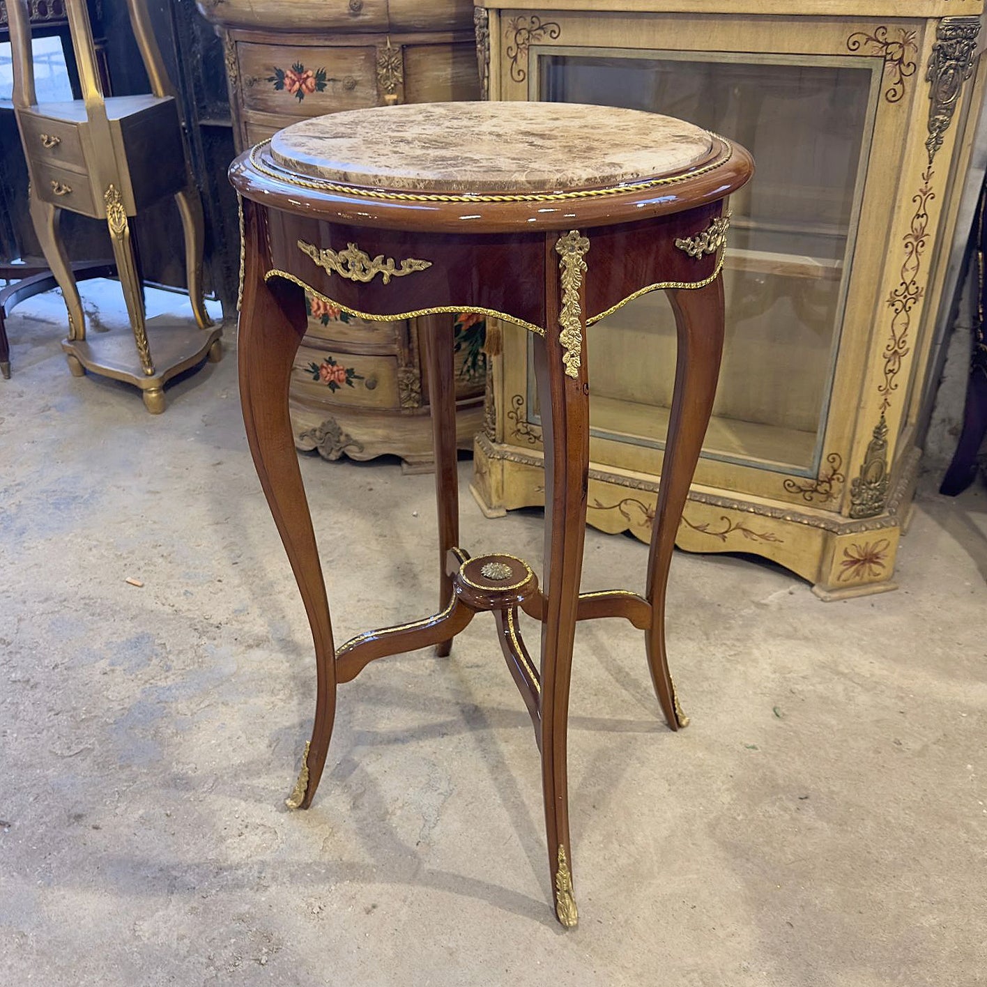 Beige Marble Top French Side Table – Brown Wood Design with Gold Accents