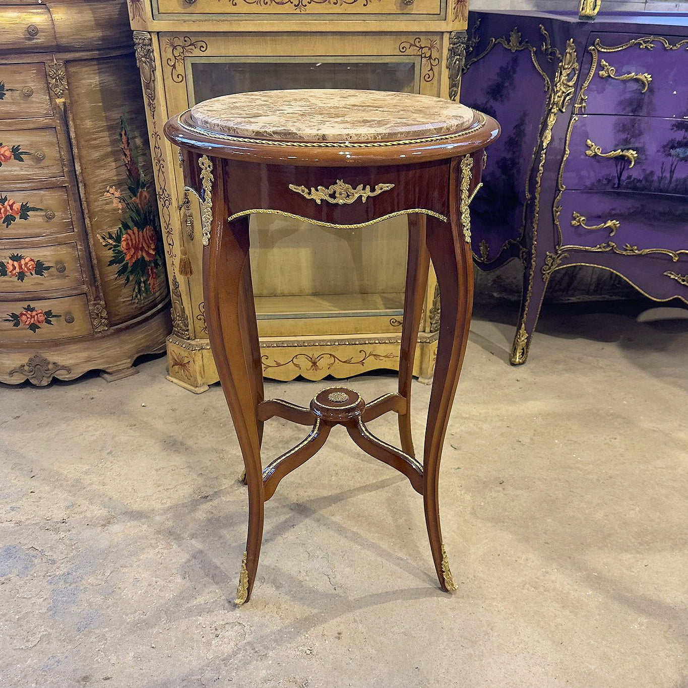 Beige Marble Top French Side Table – Brown Wood Design with Gold Accents