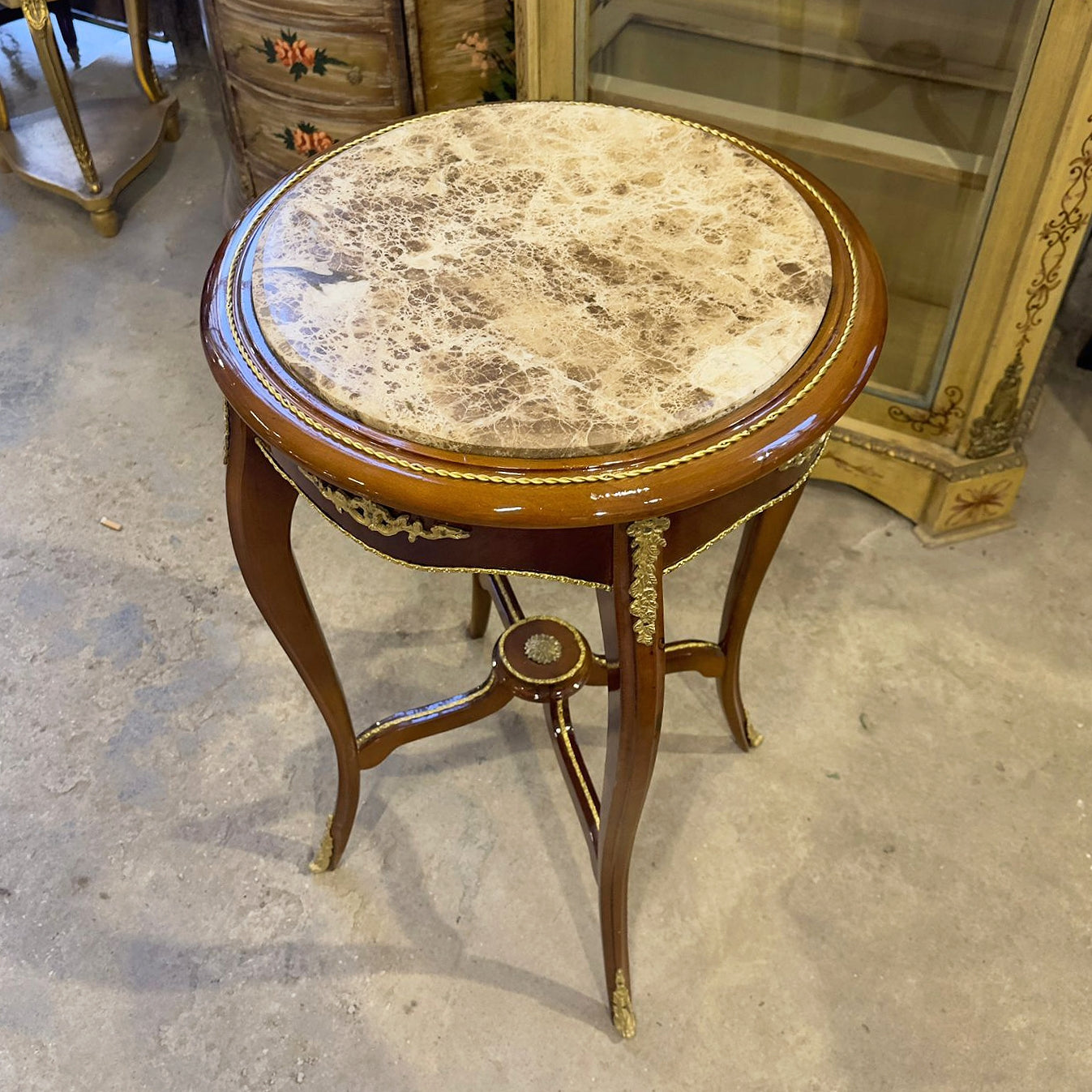 Beige Marble Top French Side Table – Brown Wood Design with Gold Accents
