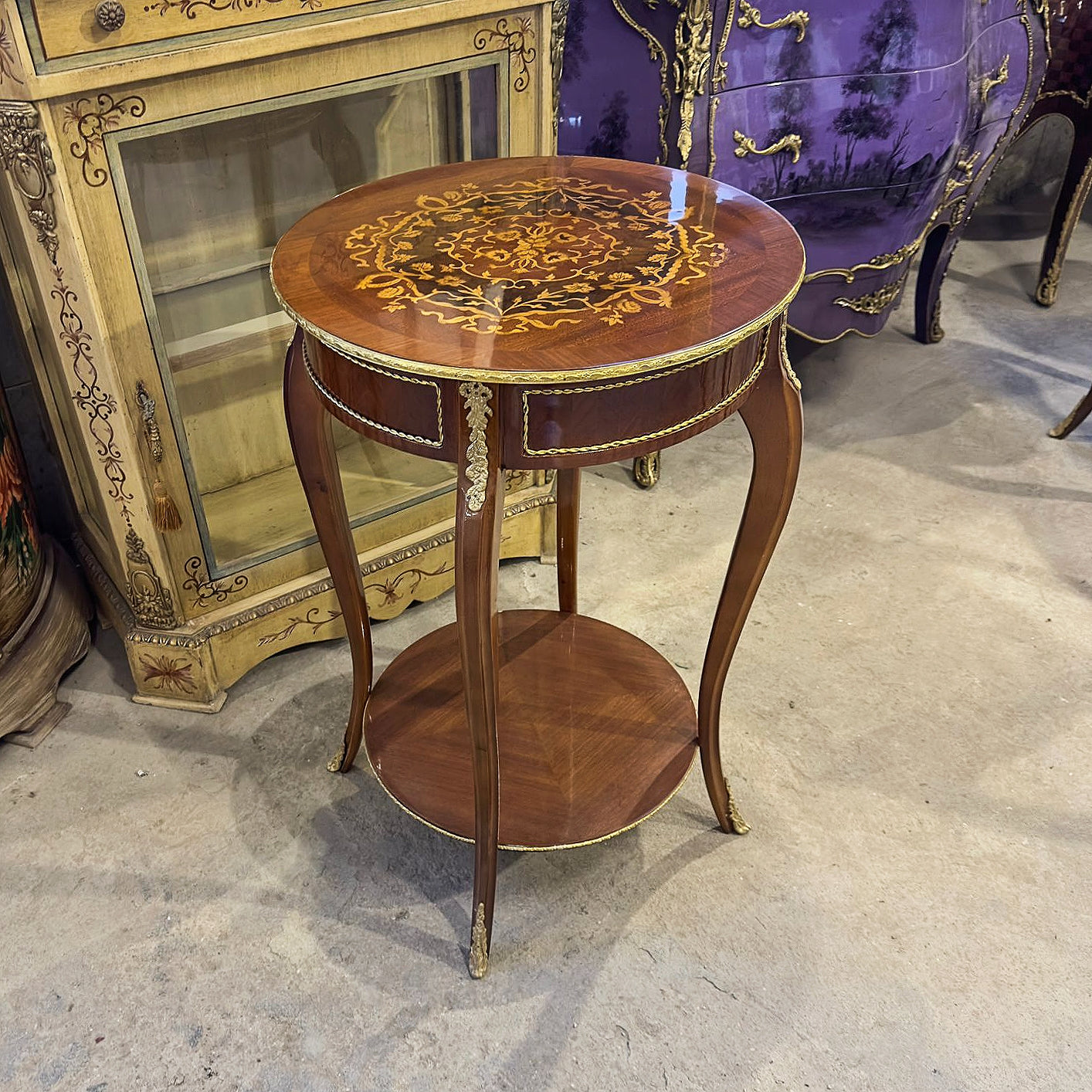French Louis XVI Style Side Table – Walnut Wood Accent Furniture with Gold Leaf Details
