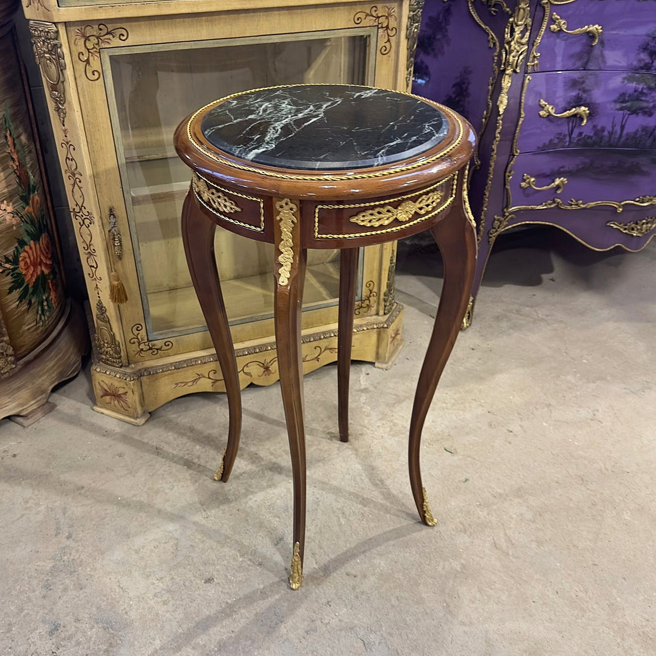 French Style Side Table – Brown Wood Frame, Black Marble Top with Gold Details