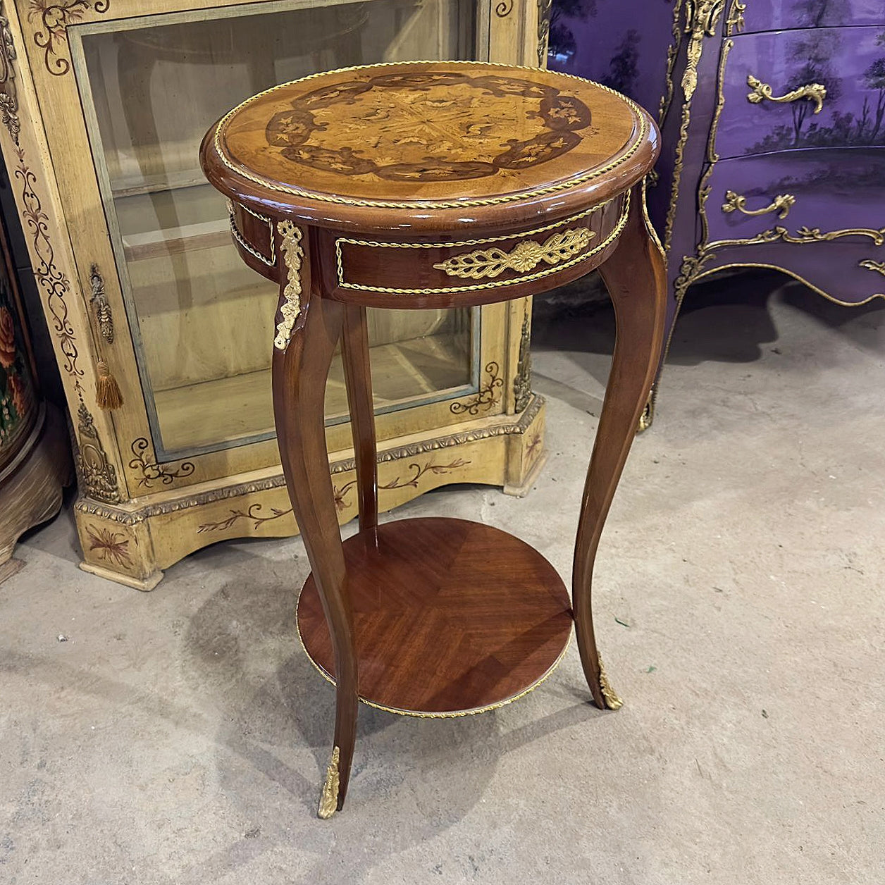 French Louis XVI Style Side Table – Walnut Wood with Gold Accents, Elegant Design (Pre-Order)