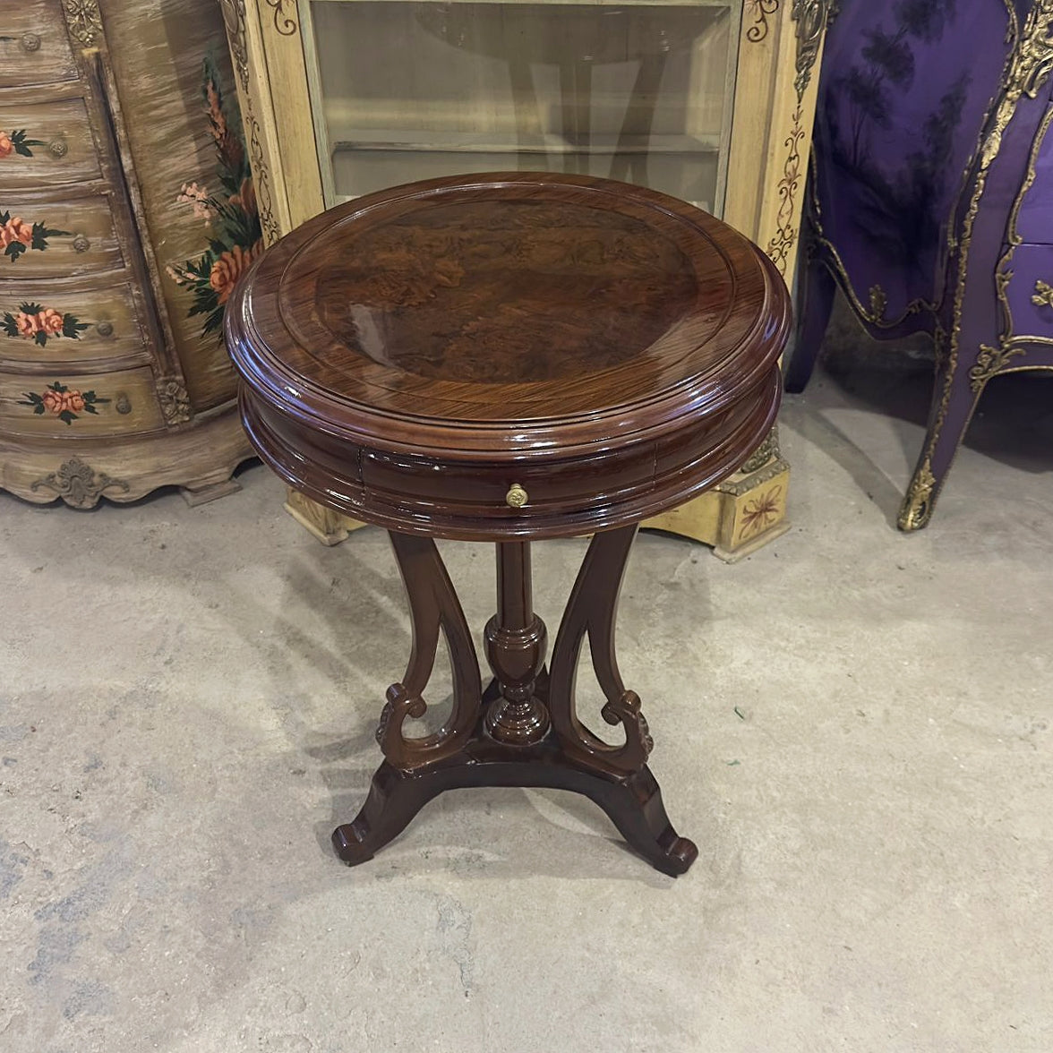 Louis XV Style French Bedside Table – Marquetry Wood with Gold Accents, Elegant Design