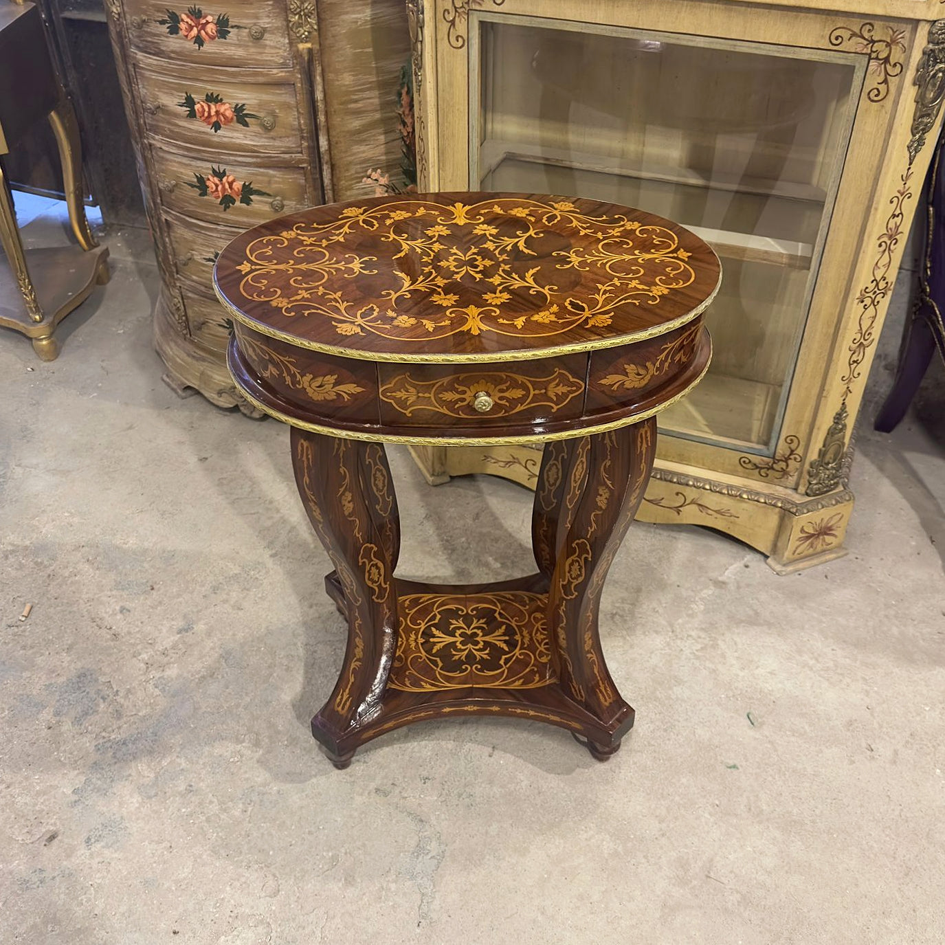 Baroque Style French Bedside Table – Marquetry Wood with Gold Accents, Elegant Design
