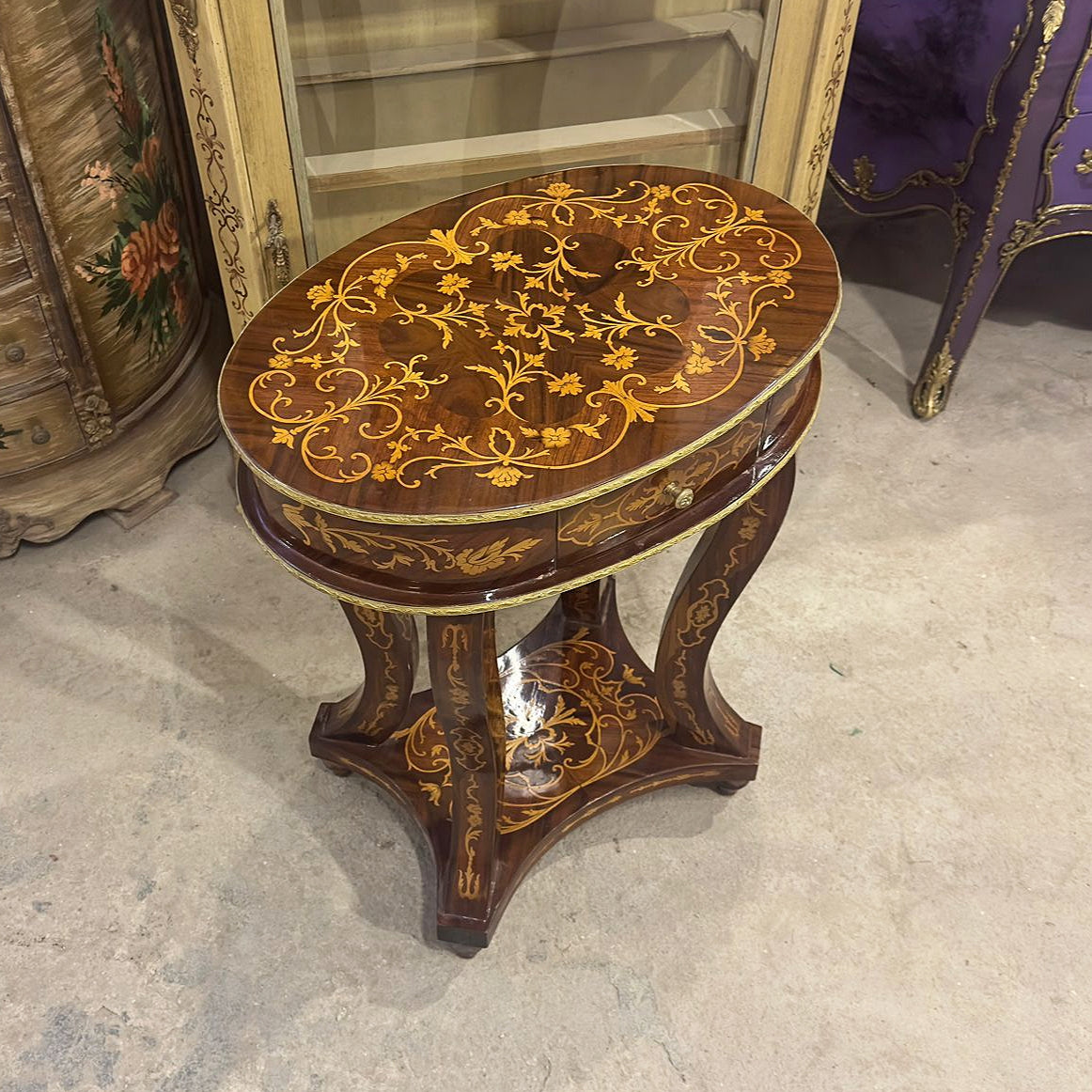 Baroque Style French Bedside Table – Marquetry Wood with Gold Accents, Elegant Design