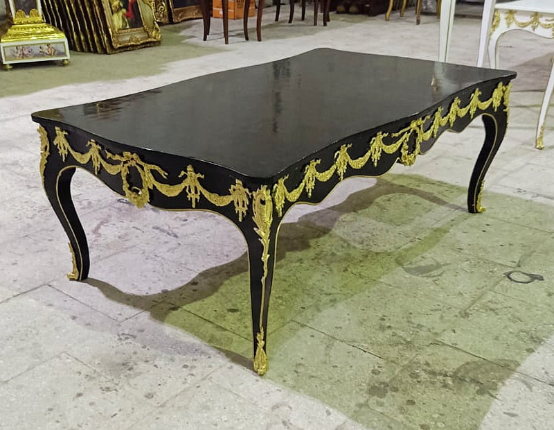 French Style Black Wooden Coffee Table – Gold Leaf Details
