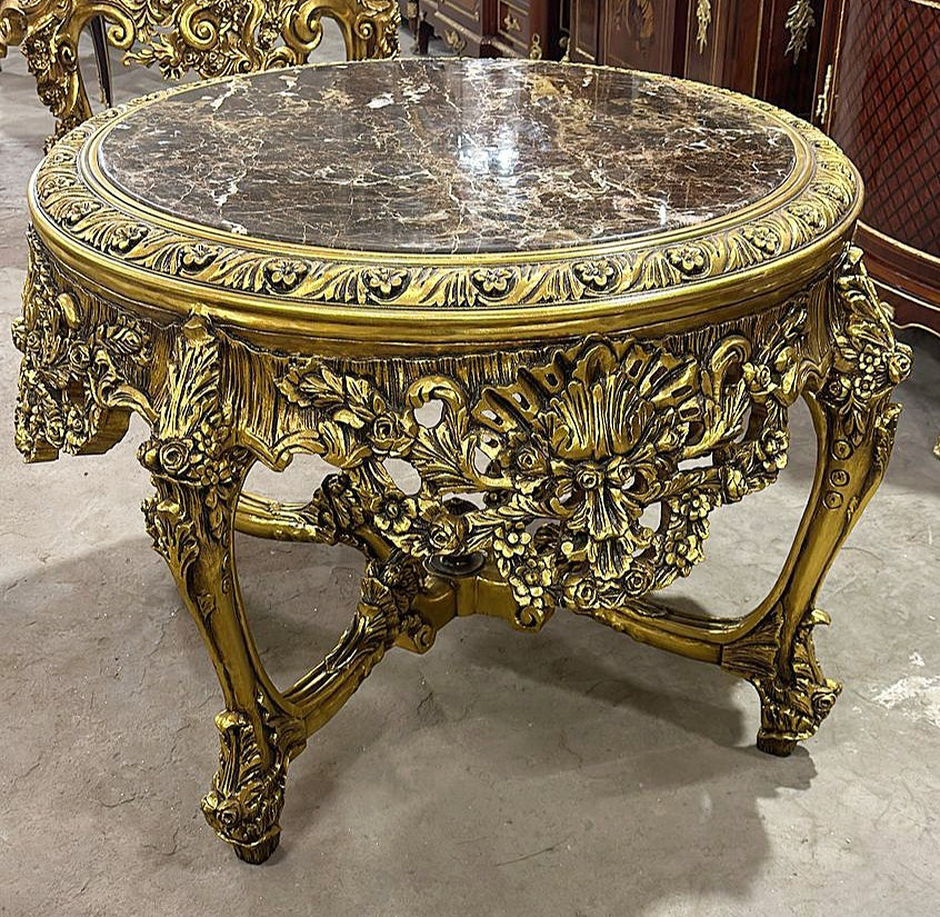 French Victorian Dark Marble Top Center Table – Ornate Gold Finish