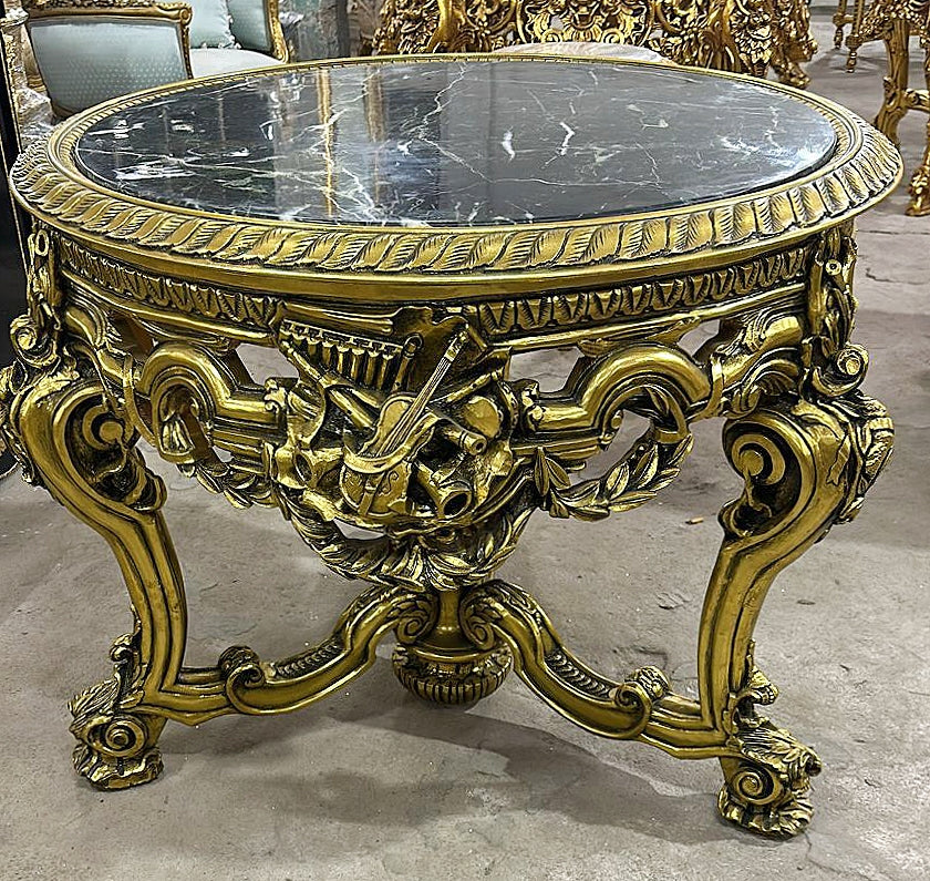 Elegant French Victorian Black Marble Center Table – Gold Leaf Accent Furniture