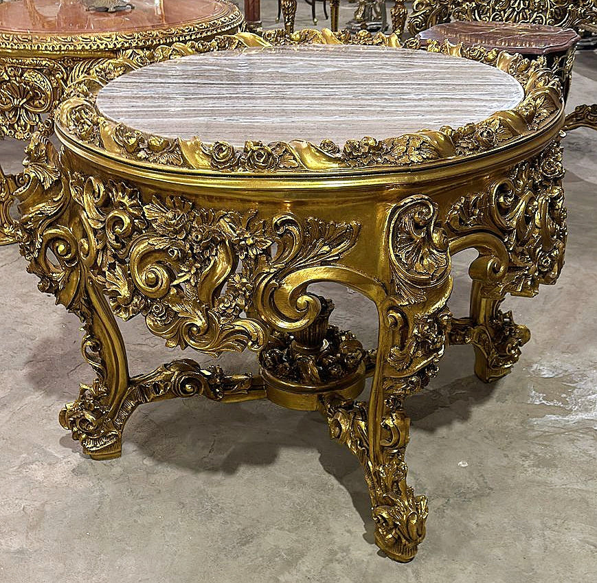 French Victorian Marble Top Center Table – Ornate Gold Finish