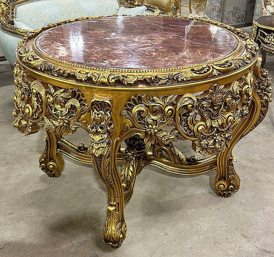 French Victorian Marble Top Center Table – Ornate Gold Finish