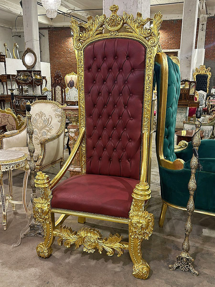 Baroque Style Red Wine Leather Big Throne Chair Tufted Gold Lion Details