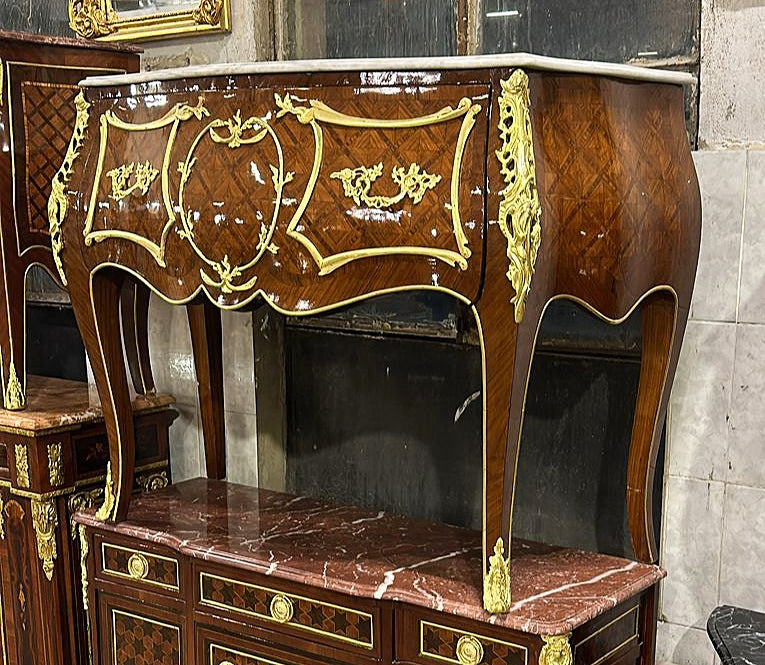 French Brown Chest of Drawers Louis XV Style Marble topped Furniture Gold Detail