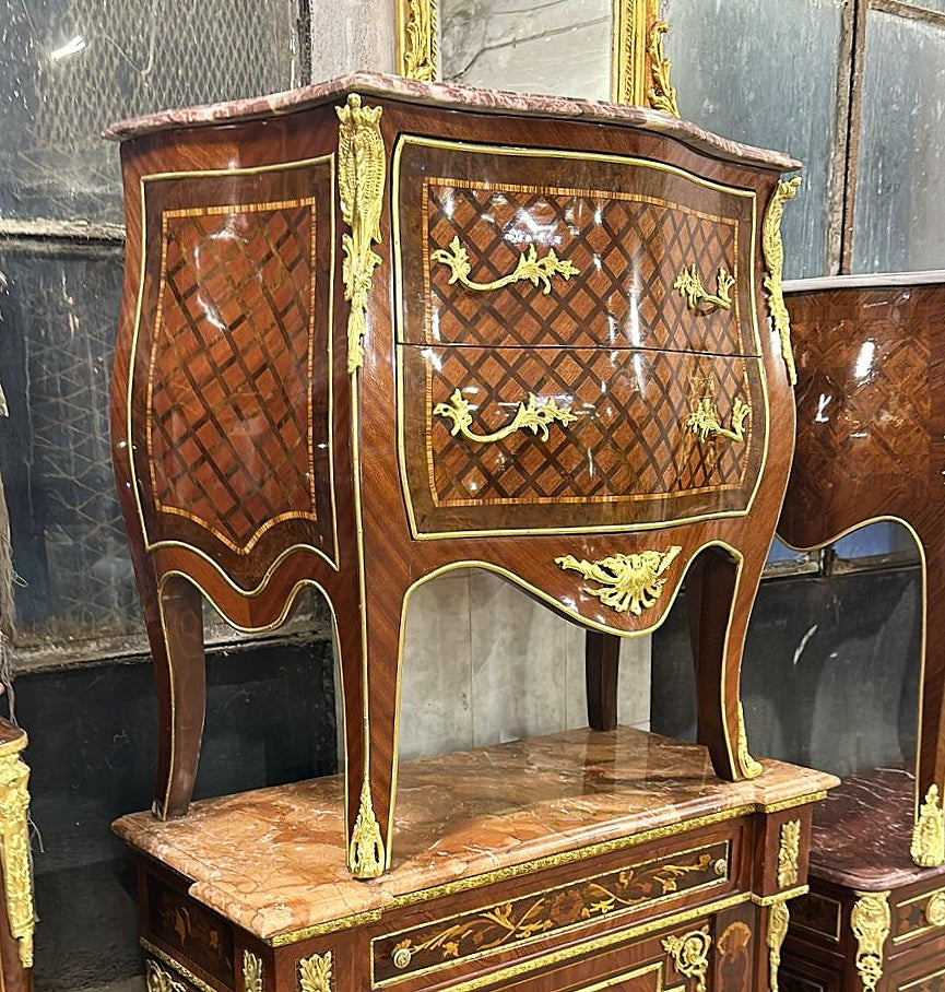 French Brown Chest of Drawers Louis XV Style Marble topped Furniture Gold Detail